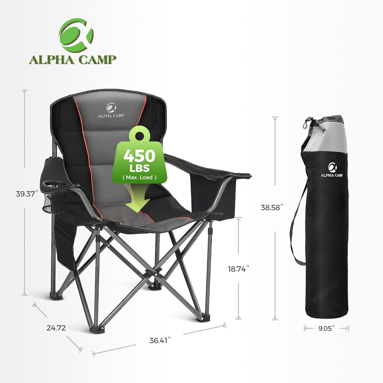 ALPHA CAMP Oversized Camping Folding Chair, Heavy Duty Support 450 LBS Steel Frame Collapsible Padded Arm Chair with Cup Holder Quad Lumbar Back, Portable for Outdoor - Image 2