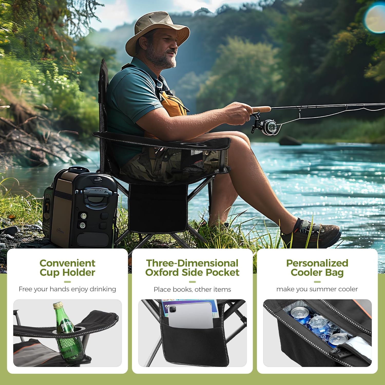 ALPHA CAMP Oversized Camping Folding Chair, Heavy Duty Support 450 LBS Steel Frame Collapsible Padded Arm Chair with Cup Holder Quad Lumbar Back, Portable for Outdoor - Image 5