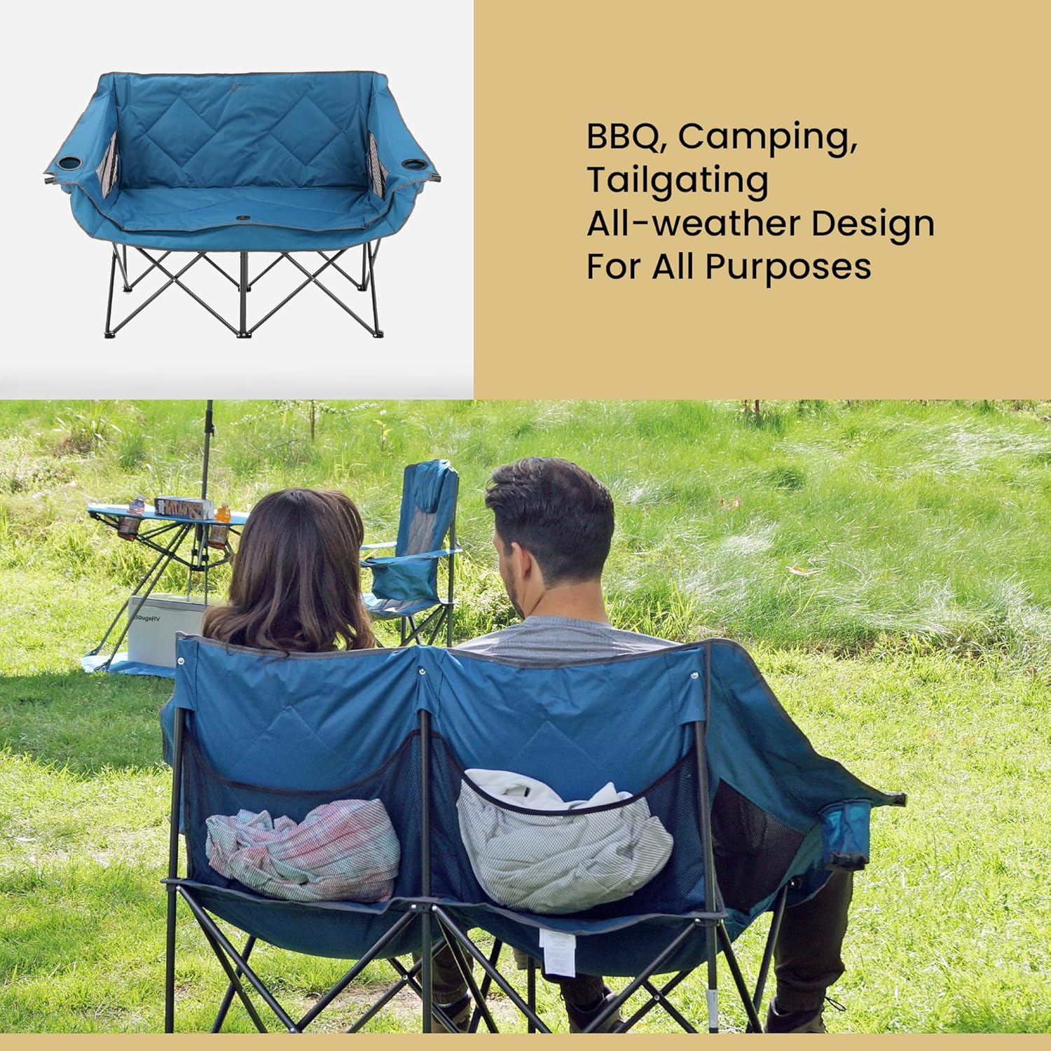 ARROWHEAD OUTDOOR Portable Folding Double Duo Camping Chair Loveseat w/ 2 Cup & Wine Glass Holder, Heavy-Duty Carrying Bag, Padded Seats & Armrests, Supports up to 500lbs, USA-Based Support - Image 8